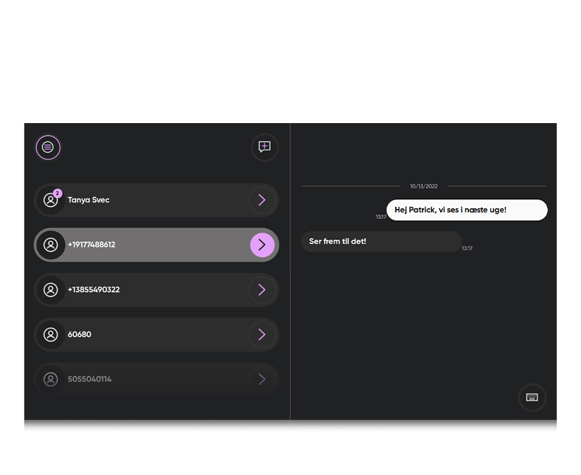 Screenshot af TD Phone, der viser tekstbeskeder