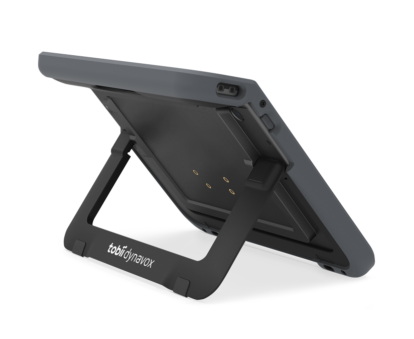 Kommunikationshjælpemidlet Tobii Dynavox TD Navio med integreret bordstøtte (foldbart), stående fra siden.