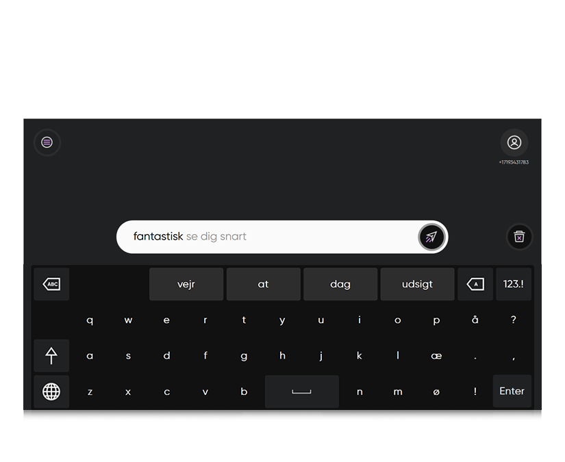 Screenshot af TD Phone, der viser sætningsforslag 