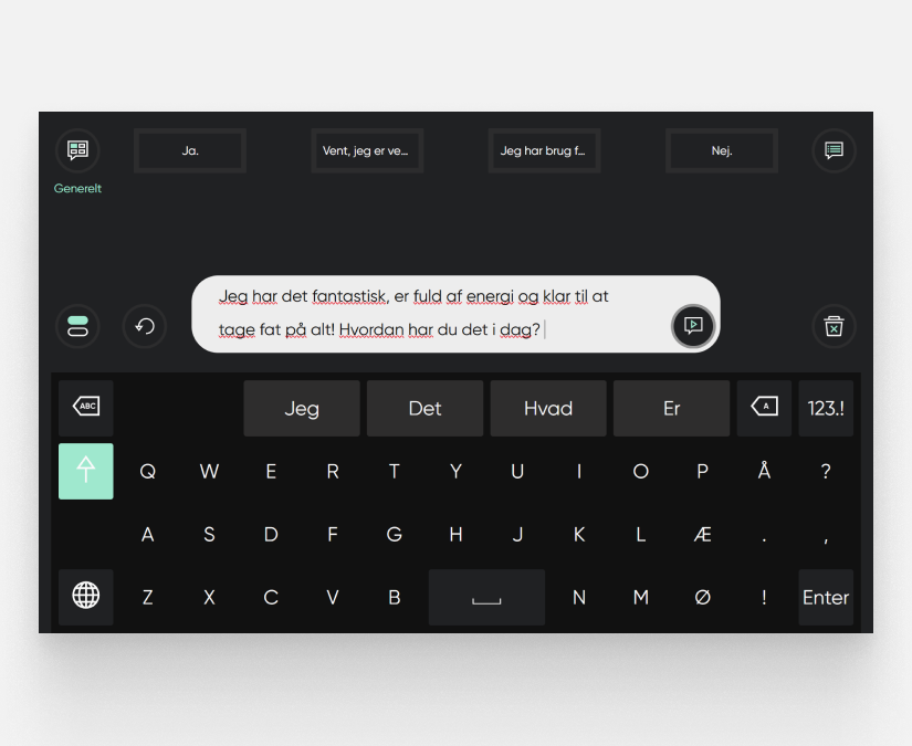 Tobii Dynavox TD Talk skærmbillede som viser en samtale i beskedvinduet 