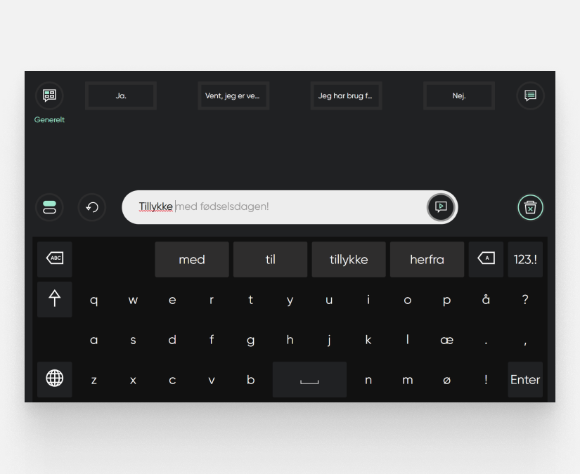 Tobii Dynavox TD Talk skærmbillede som viser en forudsagt tekst