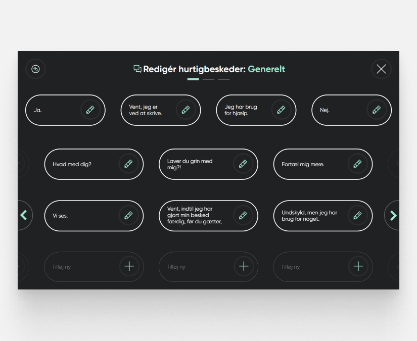 Tobii Dynavox TD Talk skærmbillede som viser Hurtigbeskeder