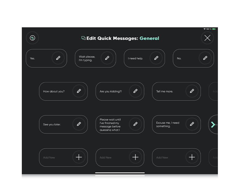 Tobii Dynavox TD Talk skærmbillede som viser Hurtigbeskeder