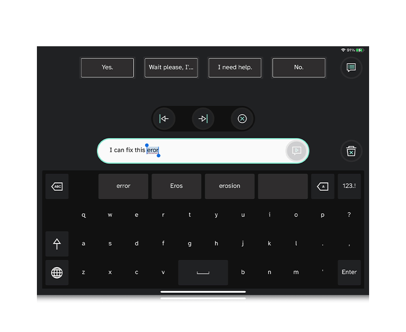 Tobii Dynavox TD Talk skærmbillede som viser redigering direkte i en sætning