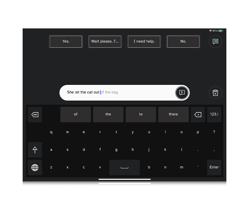 Tobii Dynavox TD Talk skærmbillede som viser en forudsagt tekst 