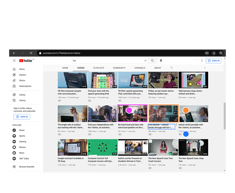 TD Browse fra Tobii Dynavox: klikfunktion understøttet af farveprikker 