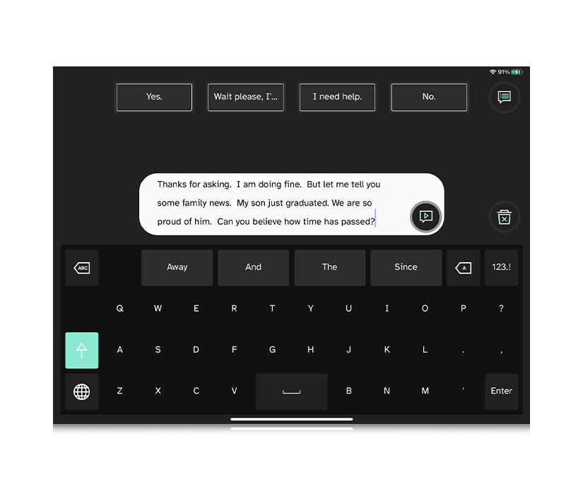 Tobii Dynavox TD Talk skærmbillede som viser en samtale i beskedvinduet 